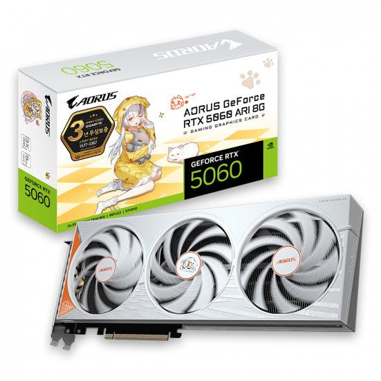 GIGABYTE AORUS 지포스 RTX 5060 ARI D7 8GB 제이씨현 스펙 분석｜GDDR7·3팬·Dual BIOS 특징